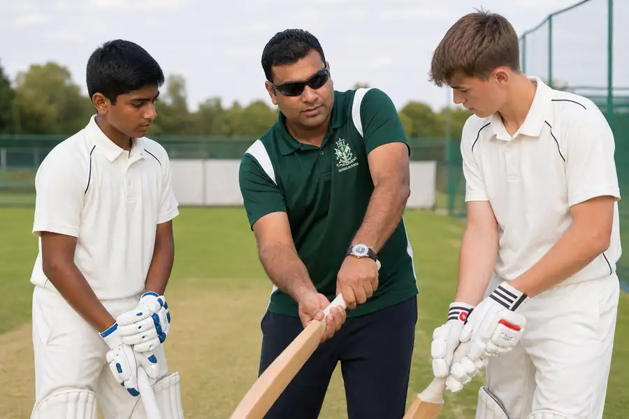 Cricket coach teaching batting grip to young players in Singapore