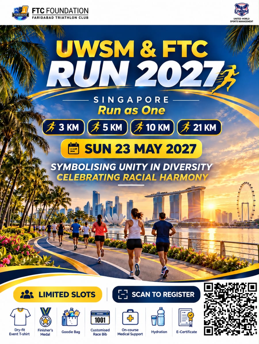 UWSM & FTC Run 2027 Singapore poster, 3km, 5km, 10km & 21km, Sunday 23 May 2027
